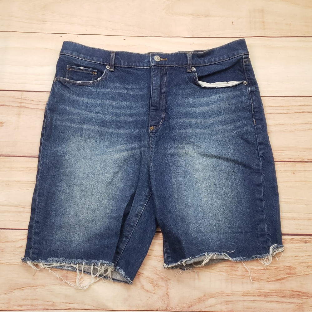 LOFT Womens Denim Shorts Size 14 32 Medium Wash Raw Hem High Rise Stretch Denim